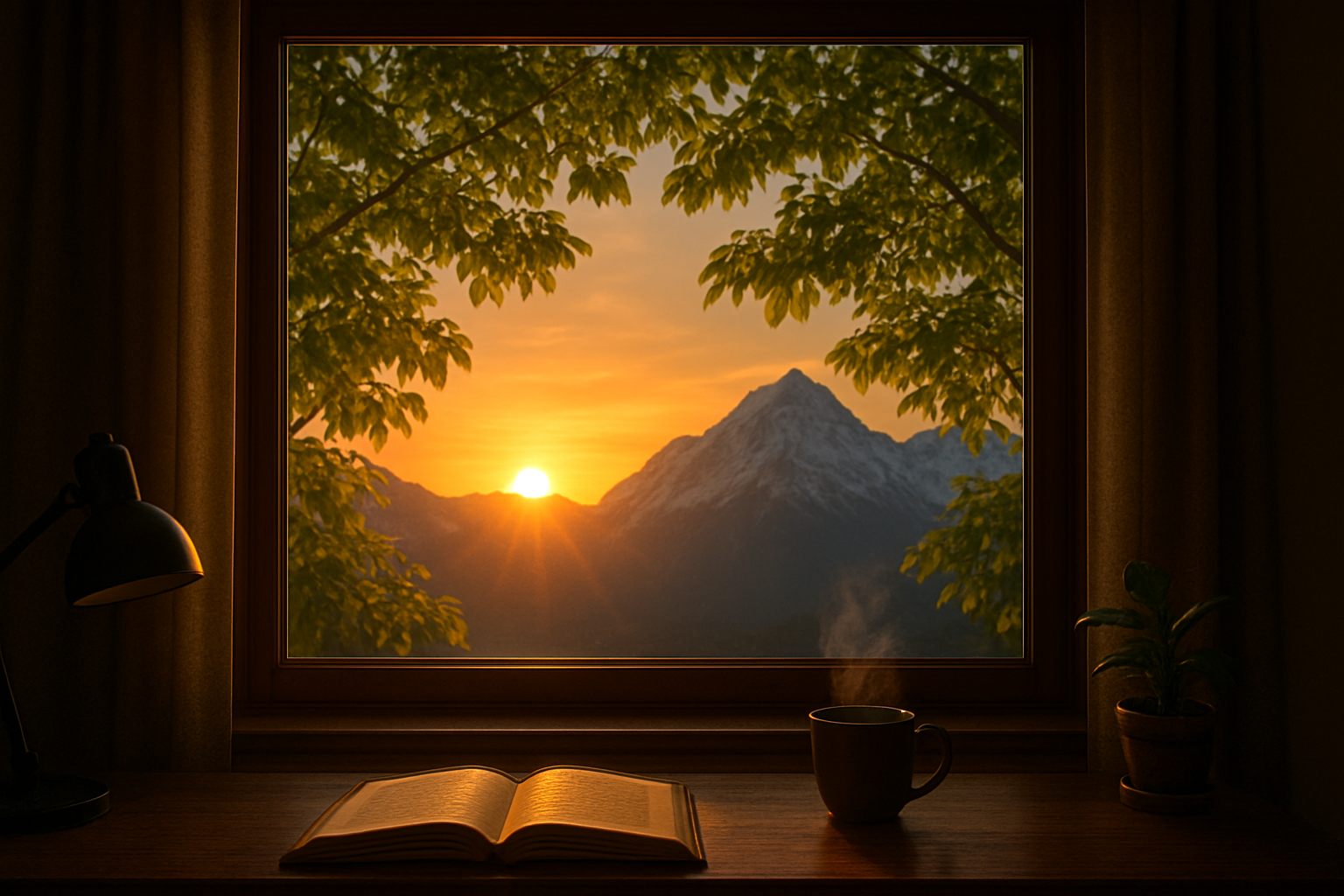 mountain view with sunrise  from the window